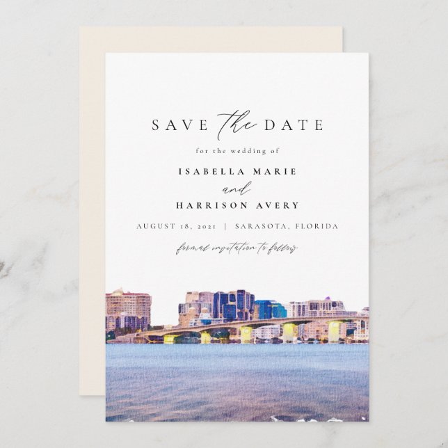 Watercolor Sarasota Florida Skyline Save the Date Invitation (Front/Back)