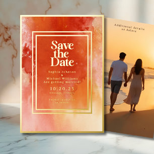 Watercolor Save the Date Photo Orange Beachy Foil Holiday Card