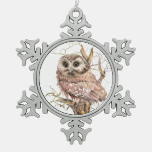 Watercolor Saw Whet Owl Bird Nature Art Snowflake Pewter Christmas Ornament
