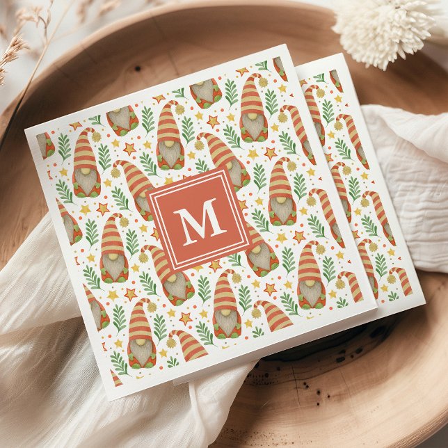 Watercolor Scandinavian Gnome Monogram Christmas Napkin (Creator Uploaded)