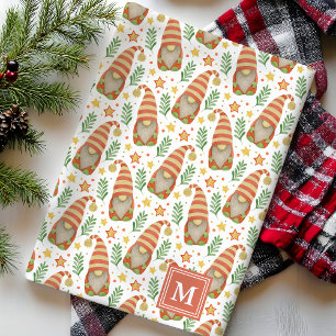 Watercolor Scandinavian Gnome Monogram Christmas Tea Towel