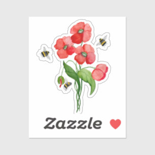 Watercolor scarlet poppy flowers and cute bumblebe