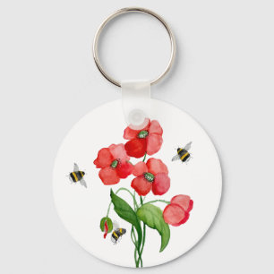Watercolor scarlet poppy flowers and cute bumblebe key ring