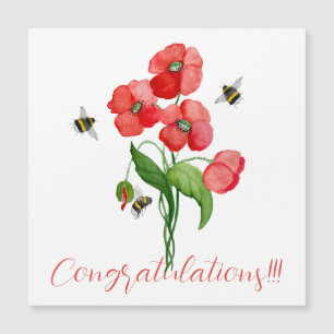 Watercolor scarlet poppy flowers and cute bumblebe magnetic invitation