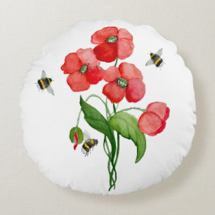 Watercolor scarlet poppy flowers and cute bumblebe round cushion