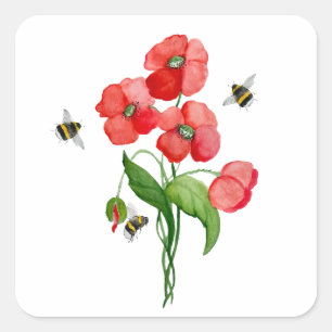 Watercolor scarlet poppy flowers and cute bumblebe square sticker