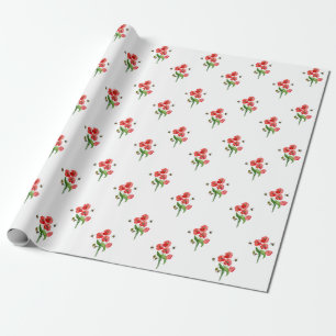Watercolor scarlet poppy flowers and cute bumblebe wrapping paper