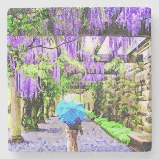 Watercolor scene of wisteria vines stone coaster
