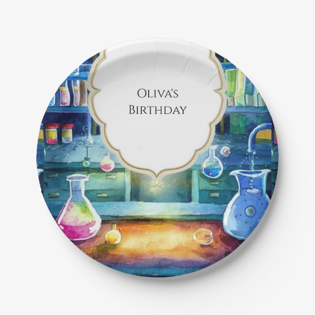Watercolor Science Magic Scientist Birthday Paper Plate (Front)