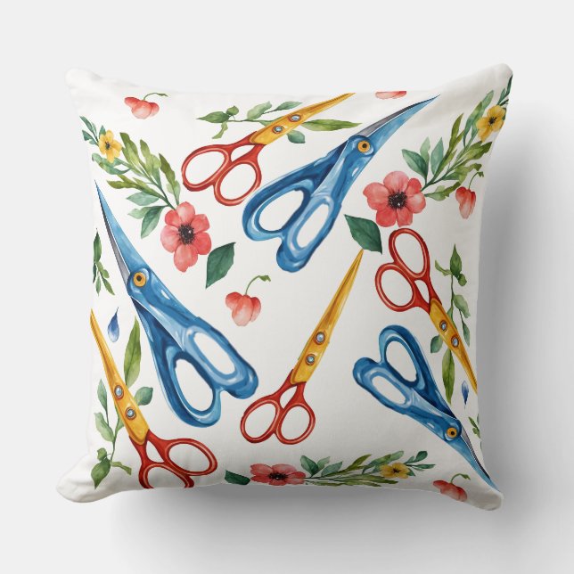 Watercolor Scissors & Wildflowers Seamless Pattern Cushion (Front)
