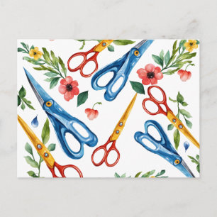Watercolor Scissors & Wildflowers Seamless Pattern Holiday Postcard