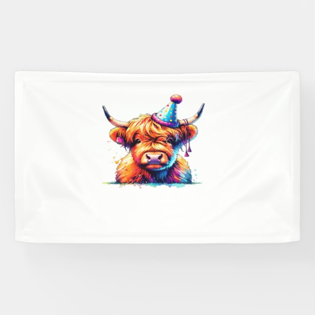 Watercolor Scottish Highland Cow Birthday Essentia Banner (Horizontal)