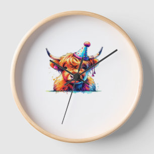 Watercolor Scottish Highland Cow Birthday Essentia Clock