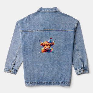Watercolor Scottish Highland Cow Birthday Essentia Denim Jacket