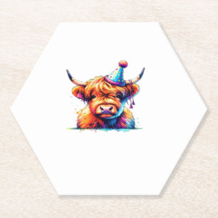 Watercolor Scottish Highland Cow Birthday Essentia Paper Coaster