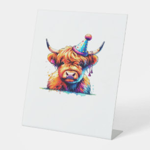 Watercolor Scottish Highland Cow Birthday Essentia Pedestal Sign
