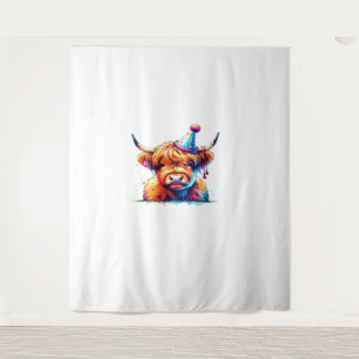 Watercolor Scottish Highland Cow Birthday Essentia Tapestry