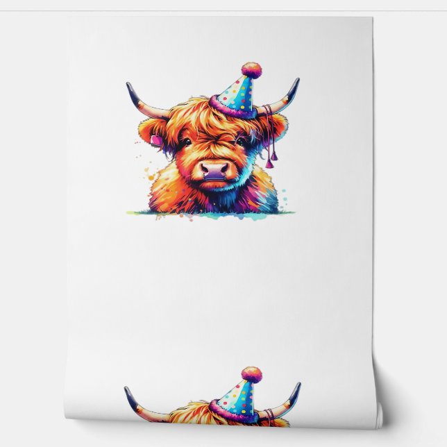 Watercolor Scottish Highland Cow Birthday Essentia Wallpaper (Unrolling)