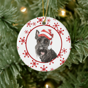 Watercolor Scottish Terrier Santa Hat Snowflake Ceramic Ornament