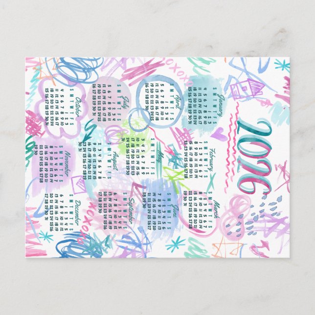 Watercolor Scribbles Calendar Tea Towel 2026 Postcard (Front)