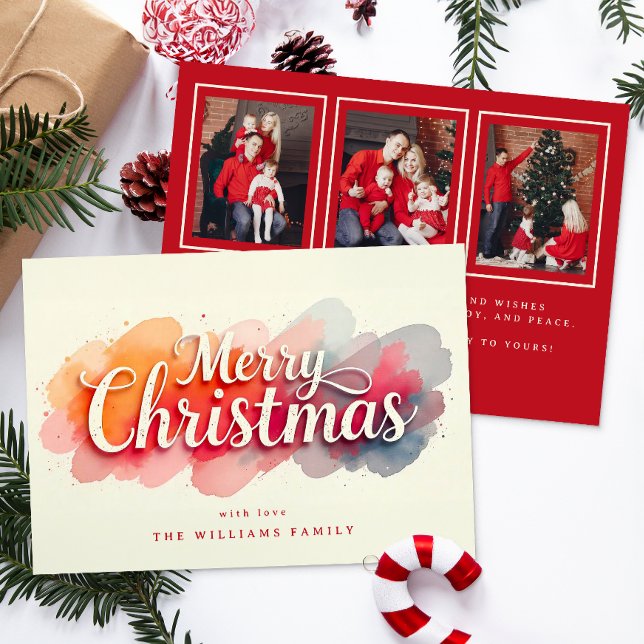 Watercolor Script 3 Photo Merry Christmas Card (Merry Christmas Flat Greeting Card)