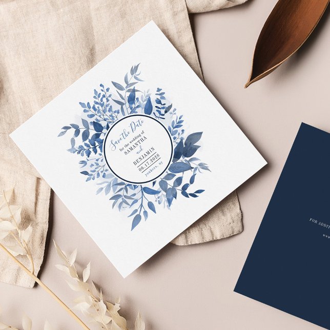 Watercolor Script Foliage Navy Blue Save the Date Card (Dusty Blue Floral Script Wedding Save the Date Square Card)