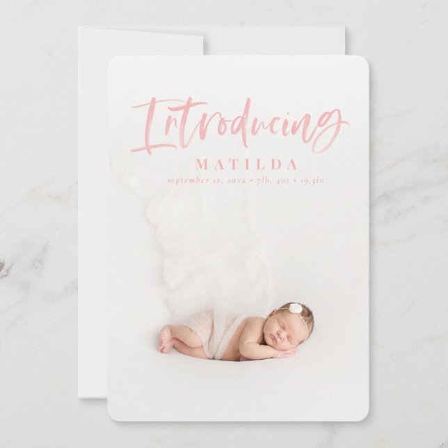 Watercolor script text photo birth announcement (Front)