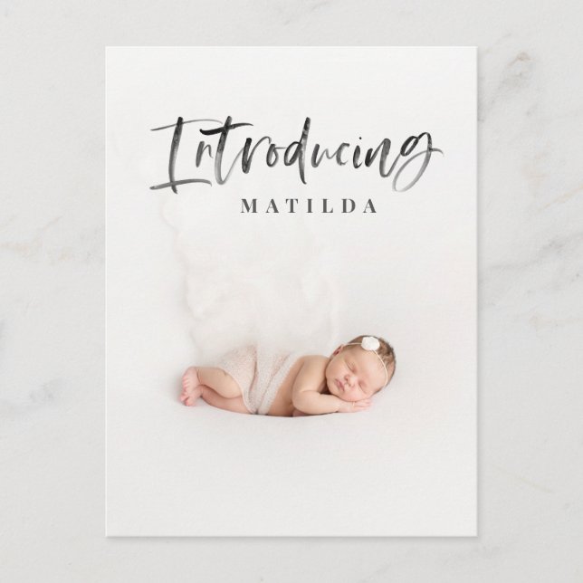 Watercolor script text photo birth announcement postcard (Front)