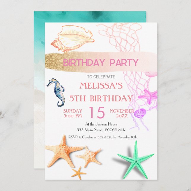 Watercolor Sea Animals Birthday Party Invitation (Front/Back)