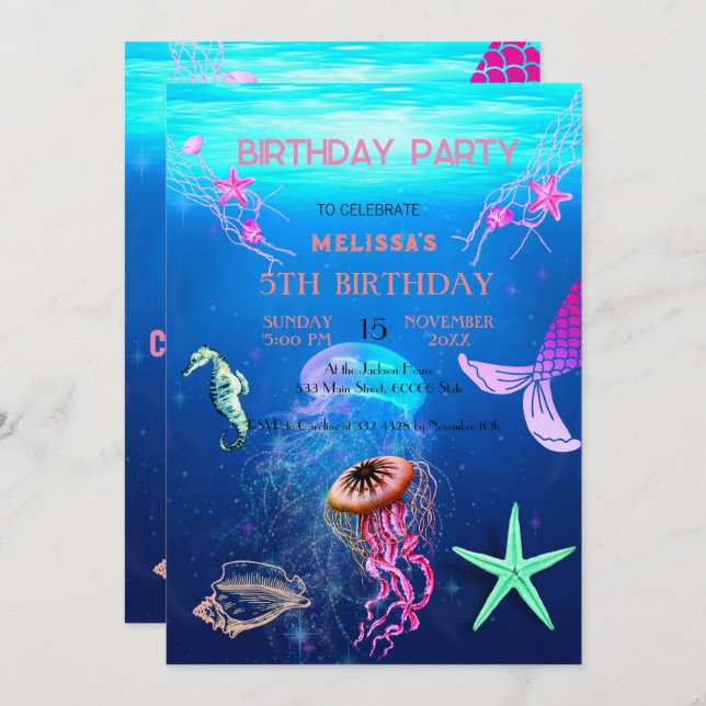 Watercolor Sea Animals Birthday Party Invitation (Front/Back)