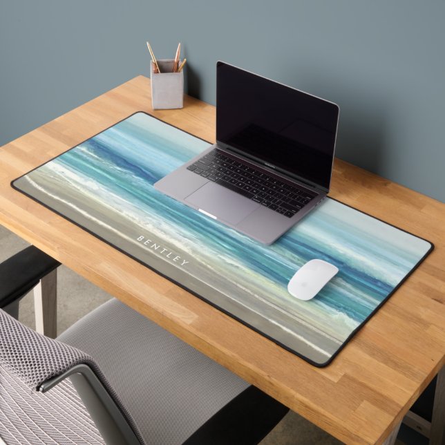 Watercolor Sea Blue Beach Waves Desk Mat (Office 2)