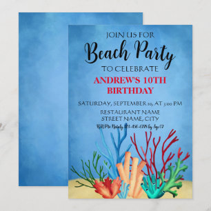 Watercolor Sea corals blue Beach Party Invitation