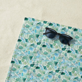 Watercolor Sea Glass Pebble Pattern in Soft Aqua Beach Towel