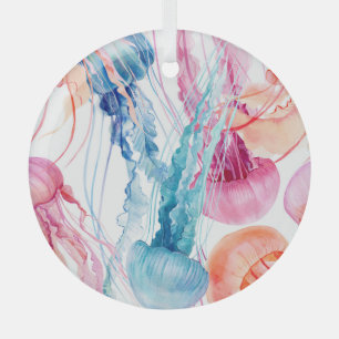Watercolor Sea Life: Bubbles & Jellyfish Glass Tree Decoration