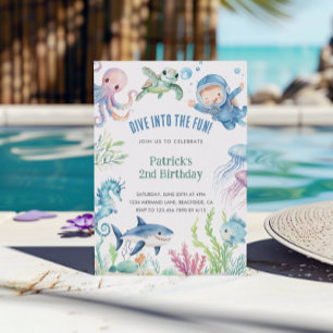  Watercolor Sea Life Kids Birthday Invitation