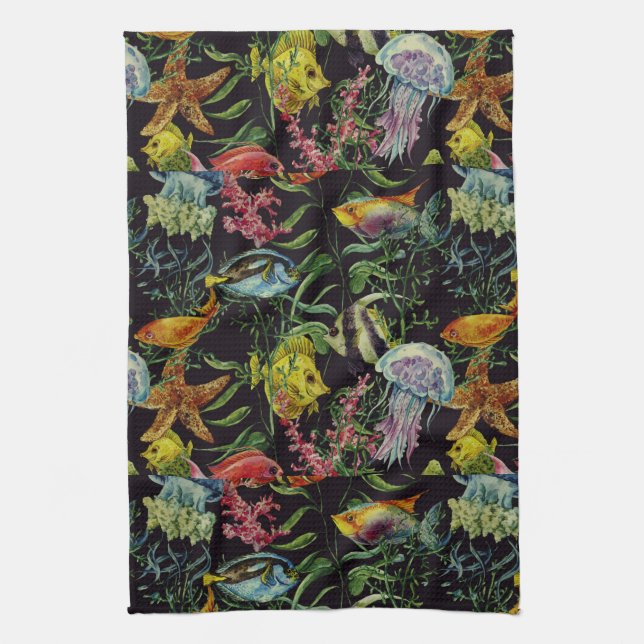 Watercolor Sea Life Pattern 1 Tea Towel (Vertical)