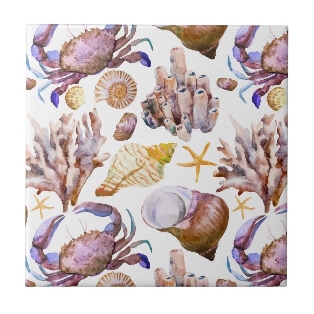Watercolor Sea Life Pattern 4 Ceramic Tile (Front)