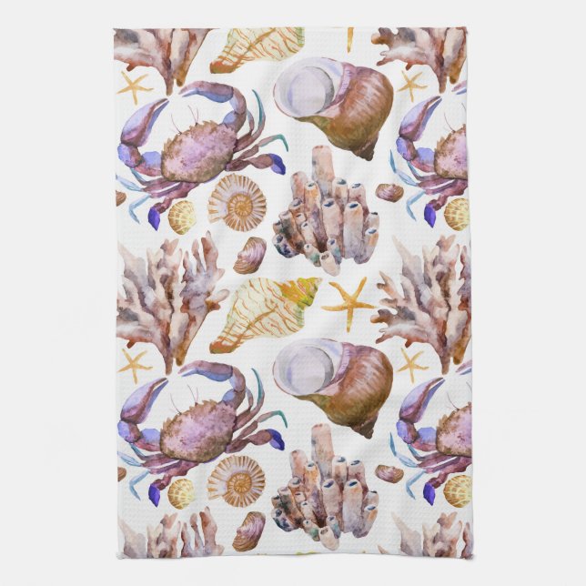 Watercolor Sea Life Pattern 4 Tea Towel (Vertical)