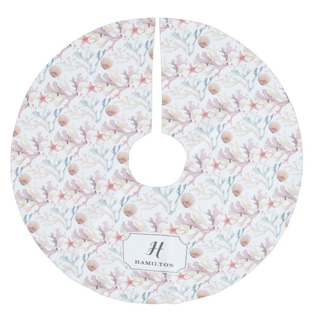 Watercolor Sea Life Pattern Monogram Brushed Polyester Tree Skirt (Front)