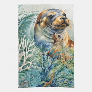 Watercolor Sea Lion and Pup Kitchen Towel