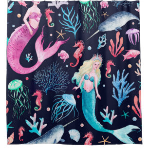 Watercolor sea pattern with mermaids, corals, seah shower curtain