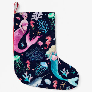 Watercolor sea pattern with mermaids, corals, seah small christmas stocking