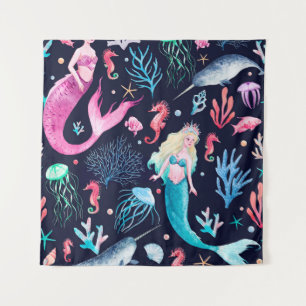Watercolor sea pattern with mermaids, corals, seah tapestry
