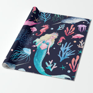 Watercolor sea pattern with mermaids, corals, seah wrapping paper