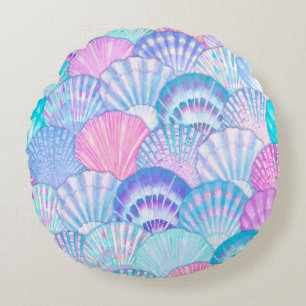 Watercolor sea shell seamless pattern. Hand drawn Round Cushion