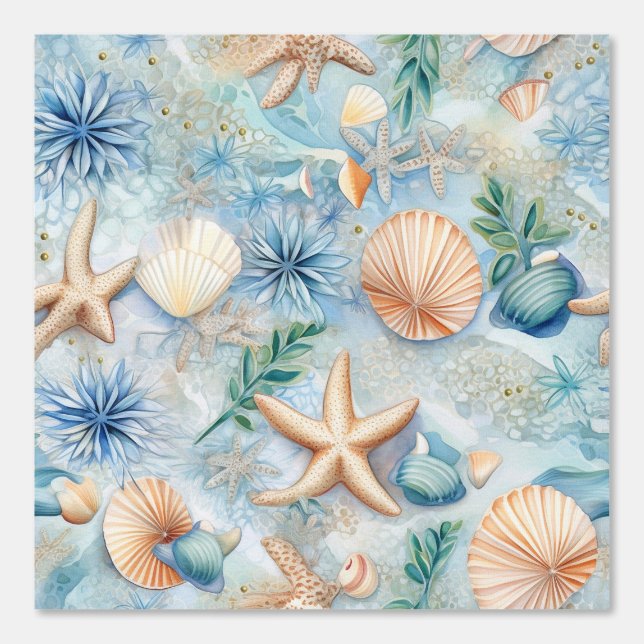 Watercolor Sea Shell Star Fish Blue Nautical  Wallpaper (Front)