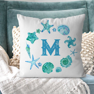 Watercolor Sea Shells and Starfish Monogrammed Cushion