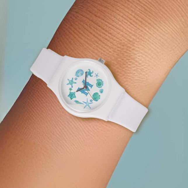 Watercolor Sea Shells & Starfish Blue Monogrammed Watch (Watercolor Sea Shells & Starfish Blue Monogrammed Watch)
