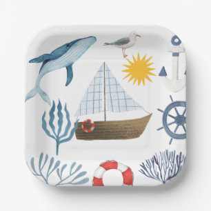 Watercolor Sea Ship,Sailor Whale Sea Baby Shower  Paper Plate