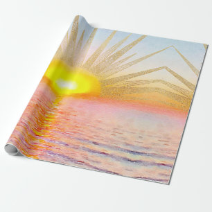 Watercolor Sea Sunset Gold Sun Doodles Mandala Wrapping Paper